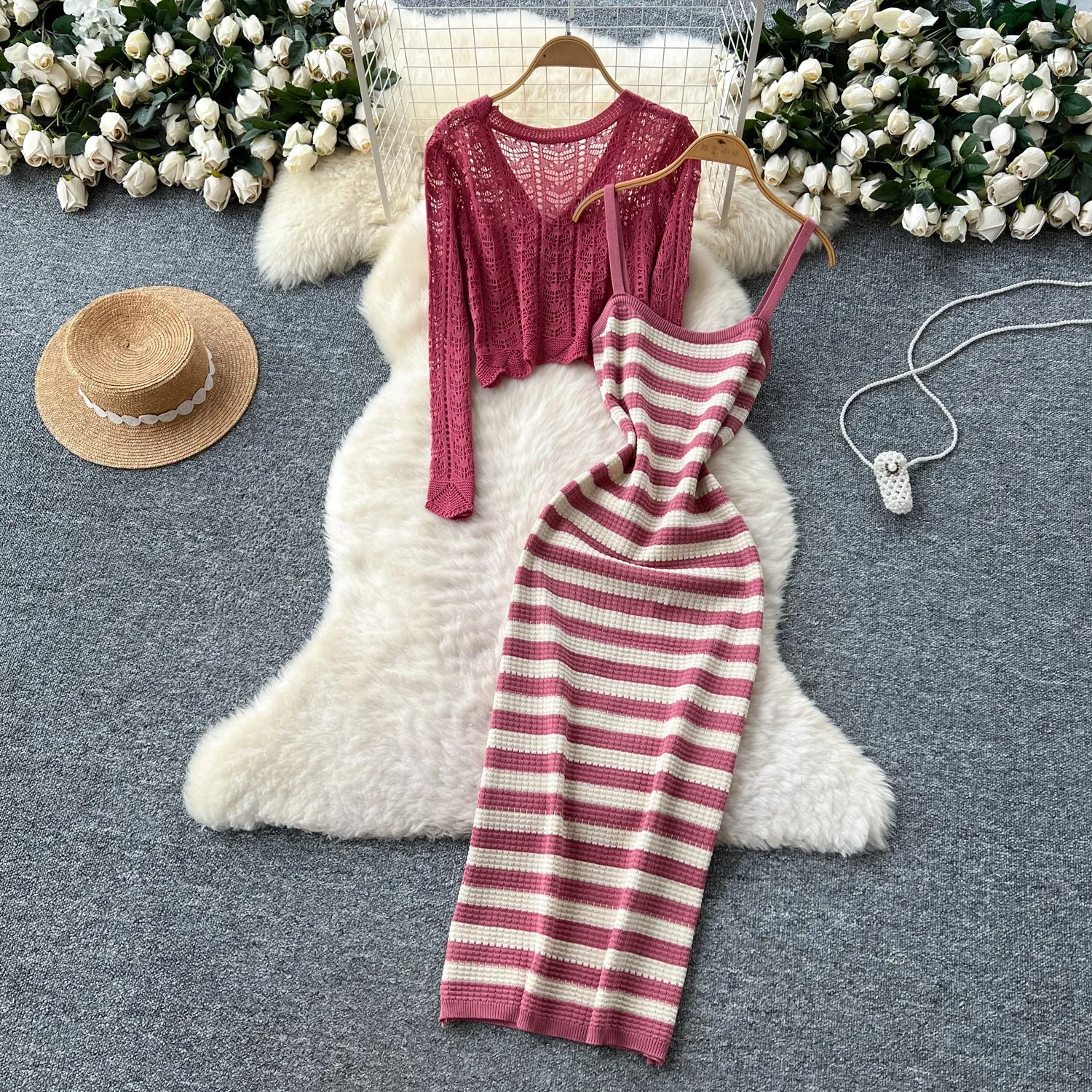 Gentle Style Women's Fashion Hollow Crochet Long-sleeve Knit Cardigan. With A Fixed Waist And Strip Clothes Robe Prom Beach