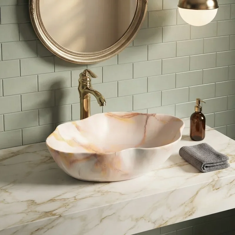 W# European Marble Pattern Ceramic Bathroom Sinks Art Wash Basin Above Counter Balcony Home Fixture Vanity Sink Decor
