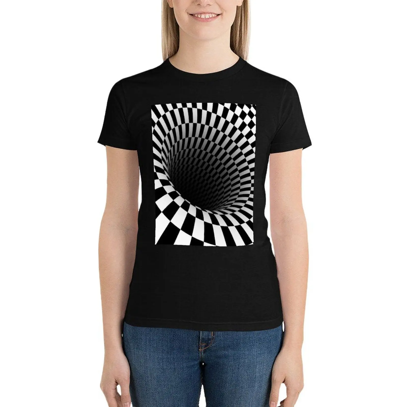 

black and white optical illusion T-Shirt vintage clothes summer top Blouse korean Women's clothes