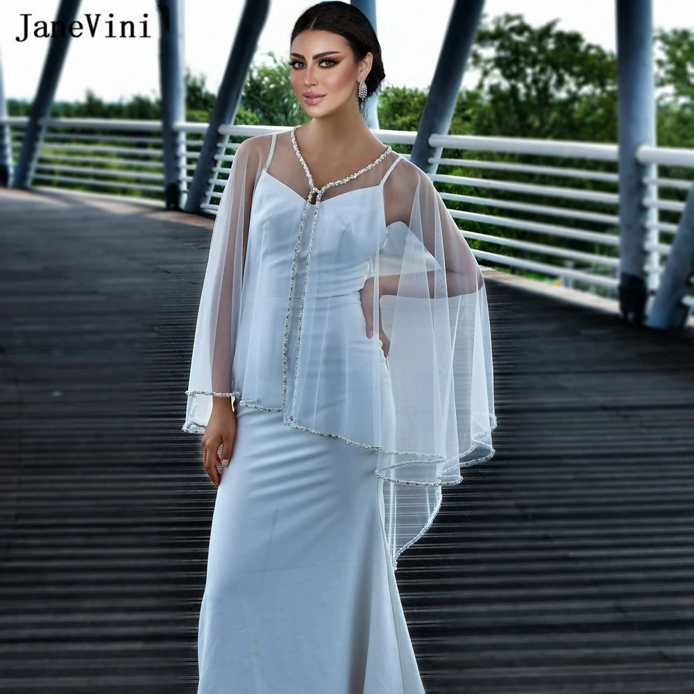 JaneVini 2023 Luxury Beaded Pearls Tulle Bridal Cloak Wedding Cape Short Front Long Back Women Shawls Wraps Evening Party Jacket