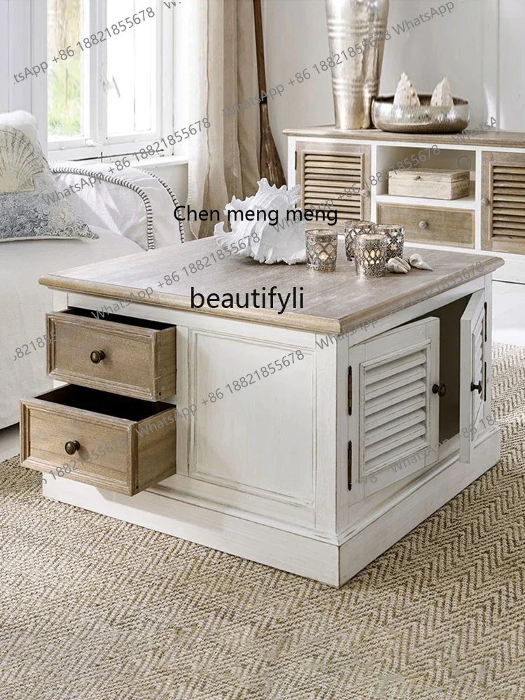 K185 American Country Solid Wood Coffee Table French Entry Lux Vintage Distressed Coffee Table Small Apartment Living Room