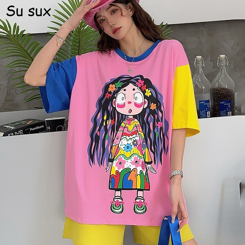 

Cartoon Girl With Long Hair Print Patchwork T Shirts Woman tops Clothes 2025 Summer Casual Loose Cotton Tees Bust 130cm Outwear