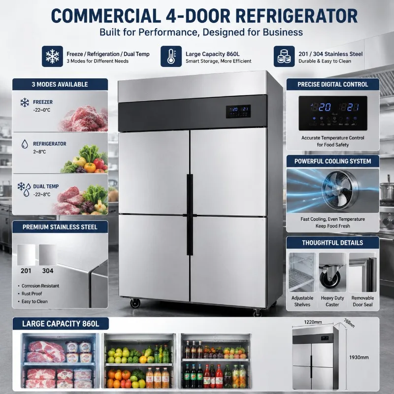 Airo Commercial 4 Door Upright Freezer Air Cooling No Frost Stainless Steel Reach Refrigerator Restaurant Digital Display