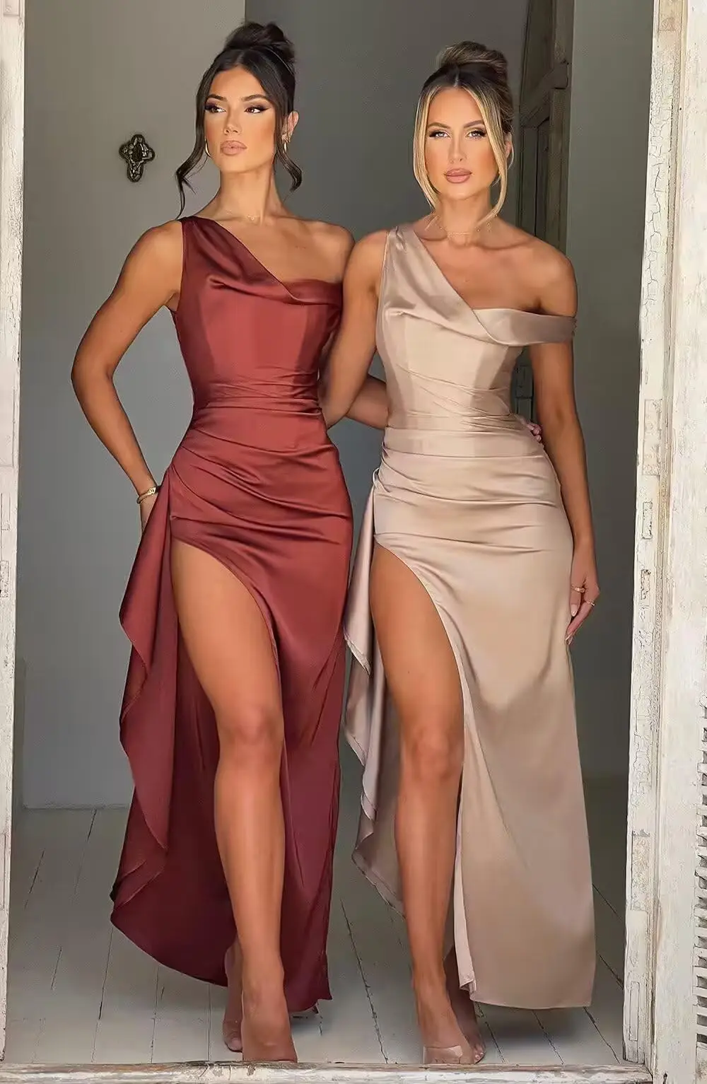 

Satin Wedding Guest Dresses for Women Off Shoulder Formal Evening Party Gowns with High Slit Mermaid Prom Dress