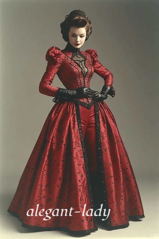 Sukienka wieczorowa w stylu vintage, czerwona, elegancka, w stylu wiktoriańskim, z długimi rękawami, kombinezon, sukienka na specjalną okazję, kostium cosplay