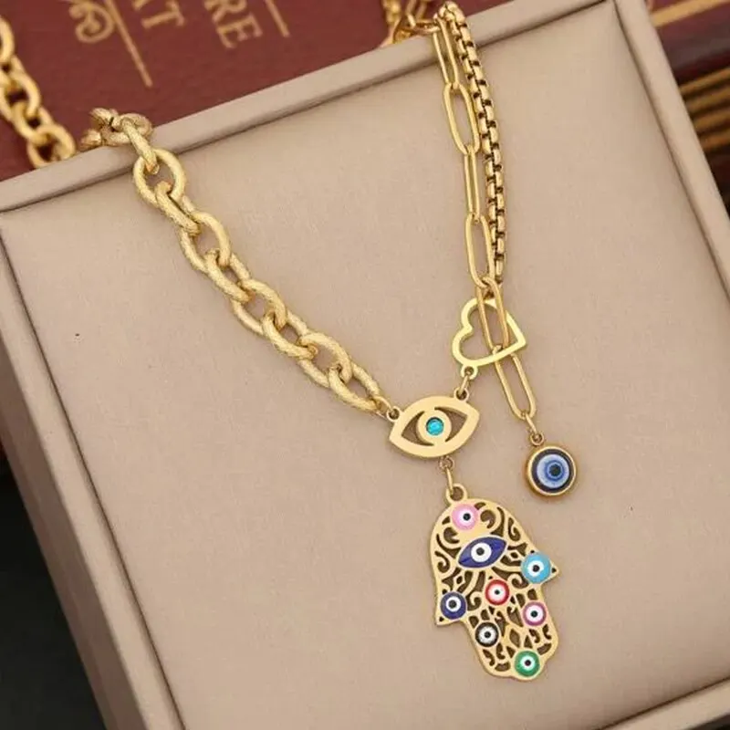 Vintage Multicolor Hollow Out Fatima Hand Pendant Necklace For Woman Shiny Gold-color Devil Eye Pattern Daily Wear Jewelry