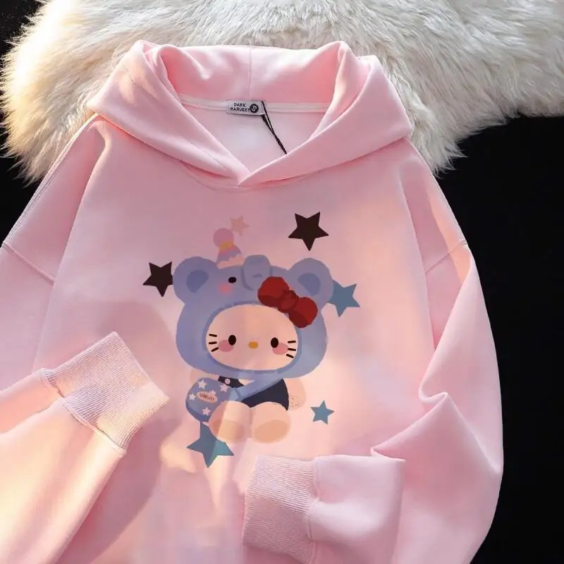 

Женская толстовка Sanrio Hello Kitty, пуловер, топы из смесового хлопка, на осень-зиму, повседневная, стильная, свободного кроя, универсальная.