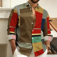 New Men's Color-Block Patchwork Long-Sleeved Shirt, Geometric Striped Casual Business Shirt, Slim-Fit Men's Top, Sizes S-6XL. 4
