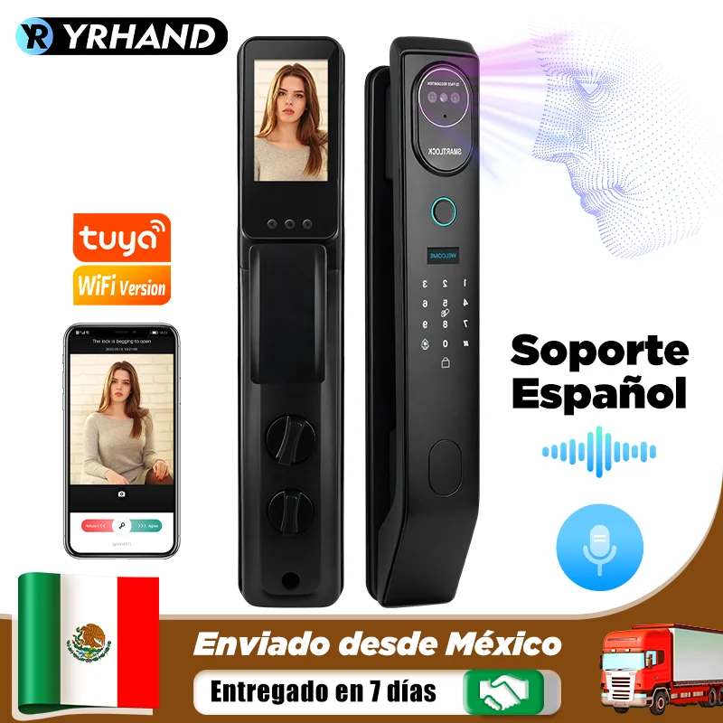 YRHAND V8 de México cerradura inteligente Electrónica Tuya WiFi impermeable 3D cara desbloqueo intercomunicador cerradura de puerta inteligente para el hogar