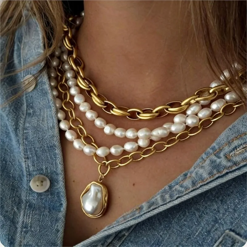 4-teiliges Elegantes Unregelmäßiges Perlenketten-Set für Damen, Übertriebener Vintage-Punk-Stil, Hochzeitsschmuck-Geschenke – Detail 2