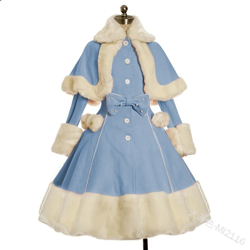 Robe gothique Lolita imbibée pour femme, robe de princesse cosplay, col en fourrure, manches longues, châle, simple boutonnage, vêtements optiques chauds, hiver