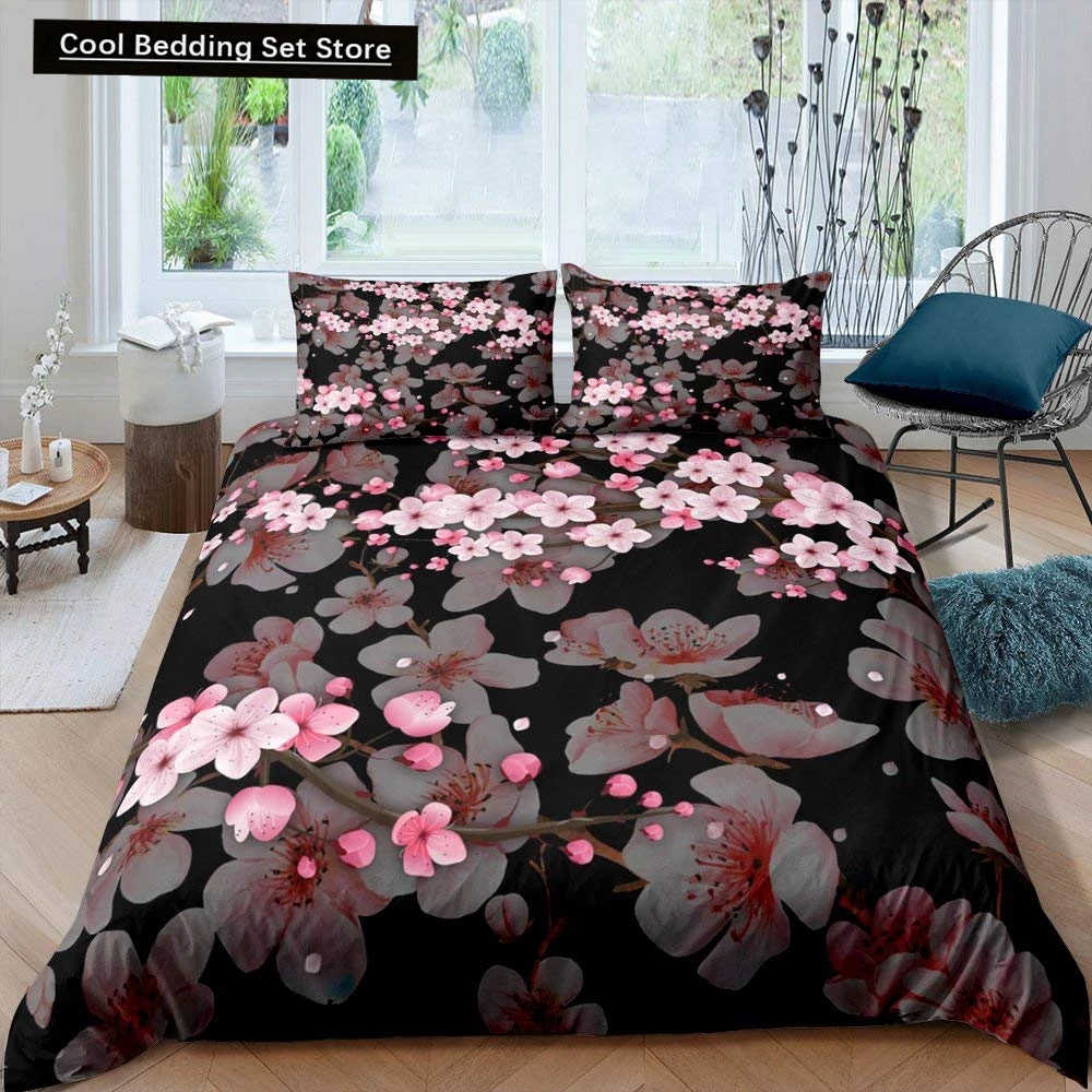 

Pink Cherry Blossom King Queen Bedding Set Spring Flora Duvet Cover Japanese Flowers Quilt Cover Soft Polyester Comforter Cover