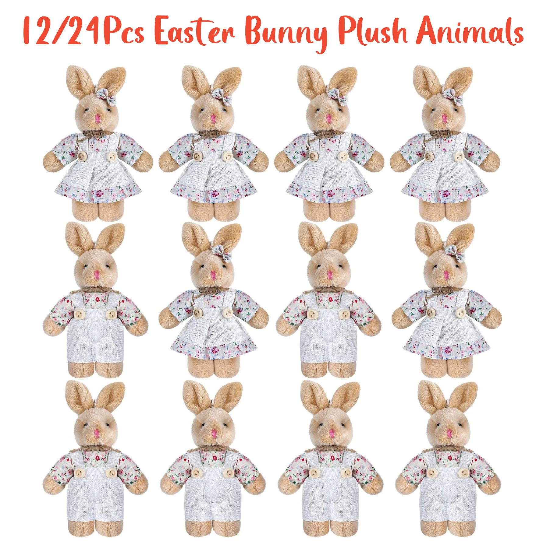 12/24Pcs Easter Rabbit Stuffed Animals Little Bunny Toy Mini Couple Rabbit with Burlap Clothes for Baby Shower Birthday Party