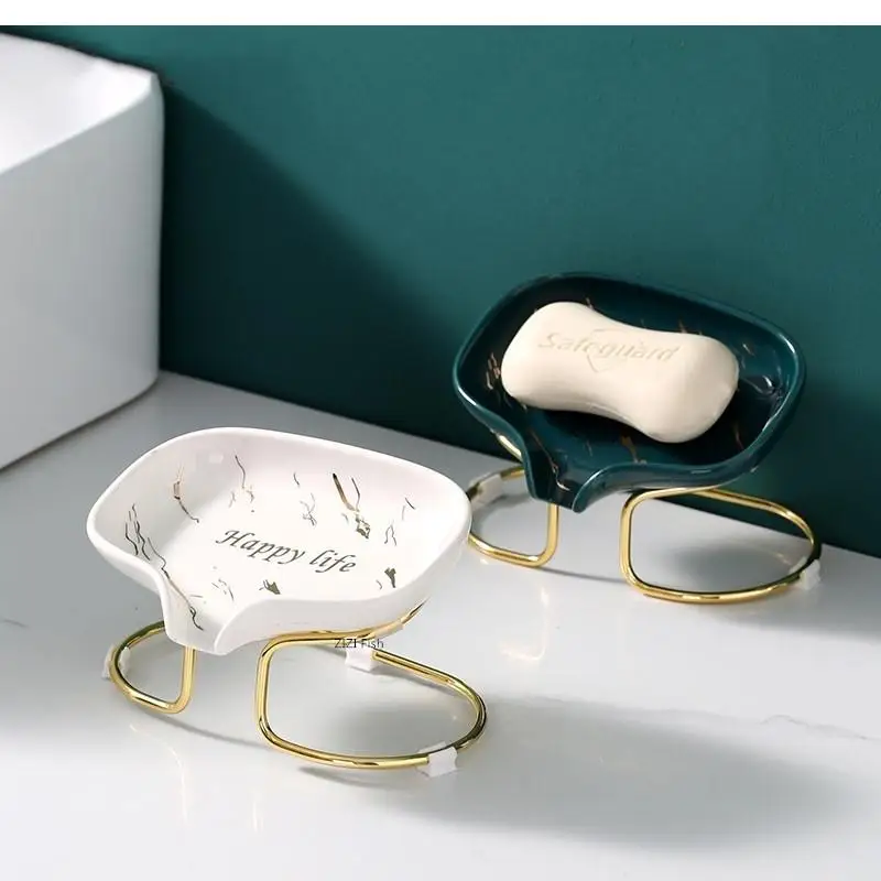 

Light Luxury Ceramic Soap Box Marble Pattern Fashion Drain 304 Stainless Steel Holder Hotel Bathroom Storage Rack