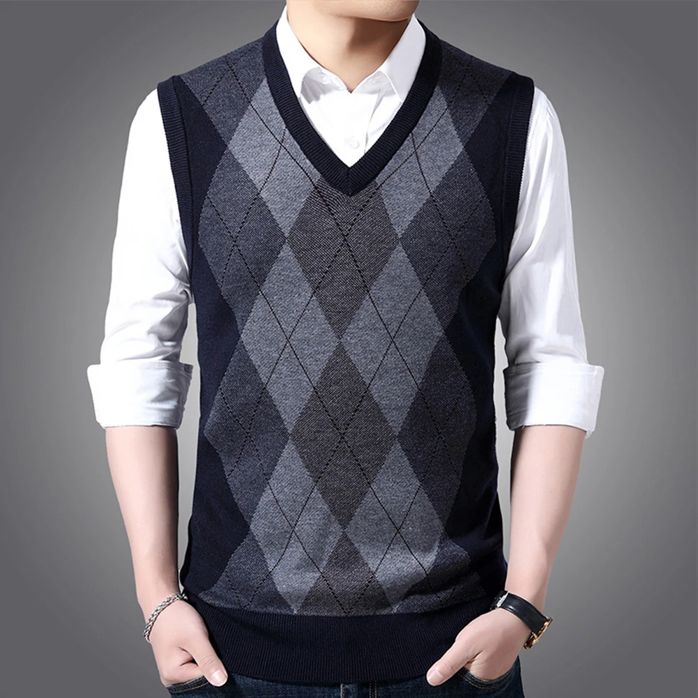 Men Sweater Vest Knitted Tank Top V Neck Sleeveless Pullover Casual Plaid Top Men Thicken Sweaters Striped Retro Preppy-style