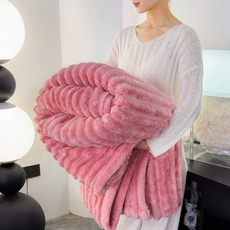 Stripe Imitation Rabbit Plush Blanket Bedroom Bedding Sofa Lunch Break Holiday Gift Multifunctional Soft Warm Plush Home Blanket