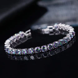 ThreeGraces Luxury White Gold Color 6mm Round Shape Fire Mystic Rainbow Cubic Zirconia Bracelet Party Jewelry for Women BR322