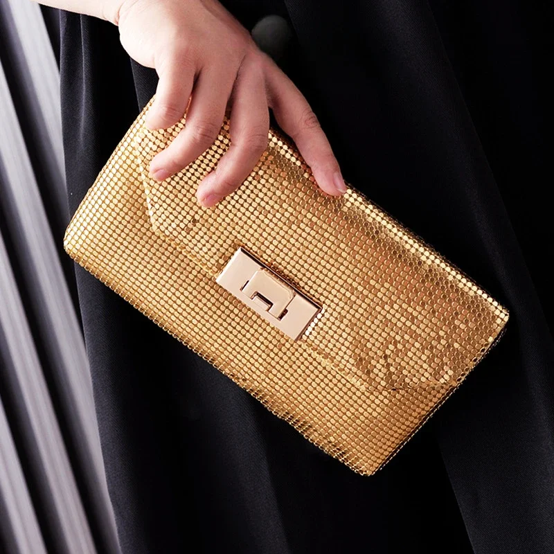 Women Gold Evening Clutch Bag Luxury Shining Sequins Aluminum Foil Party Wedding Purse Fashion Handbag Black Evening Wallet