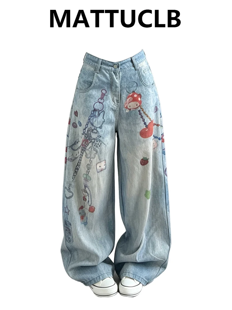 

Women's Jean Baggy Printing Denim Pants Y2K Japanese Harajuku Korean Wide Fit American Retro Punk Streetwear Design Long Trouser