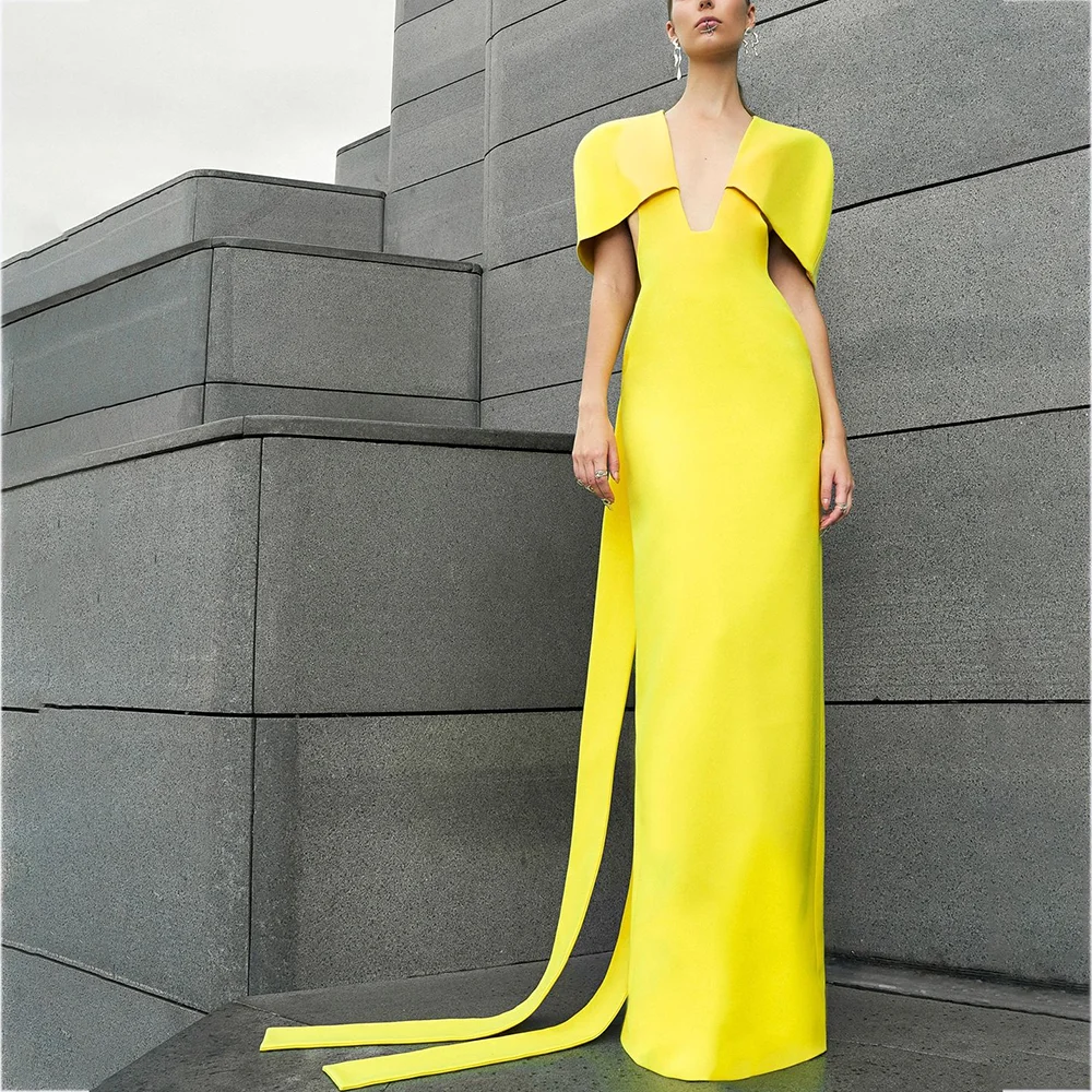 

Yellow Prom Dresses Solid Color Straight Cap Straps Fashion Elegant Evening Dress Special Occasion Party Gown Modern Style