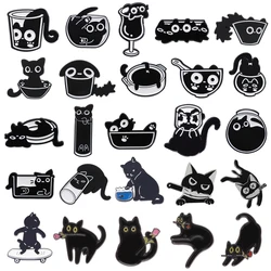 Creative Black Cat Metal Brooch Glass Bowl Cat Water Cup Fish Tank Rose Skateboard Cute Black Cat Badge Punk Pins Jewelry
