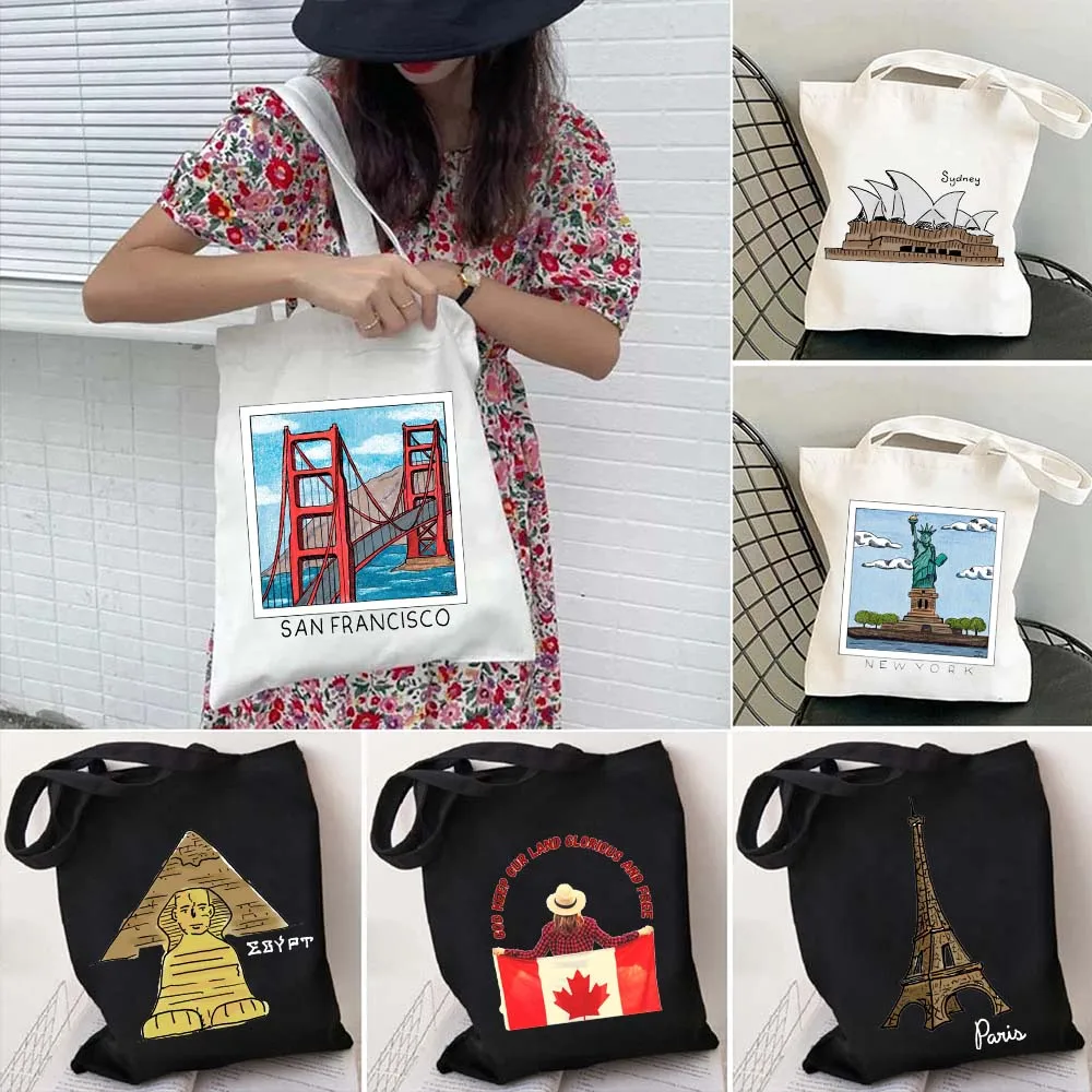 

San Francisco Arc de Triomphe Canada Chicago Egypt Cute Canvas Tote Bag AMERICA FLAG New York Paris Porto Sydney Cotton Handbags