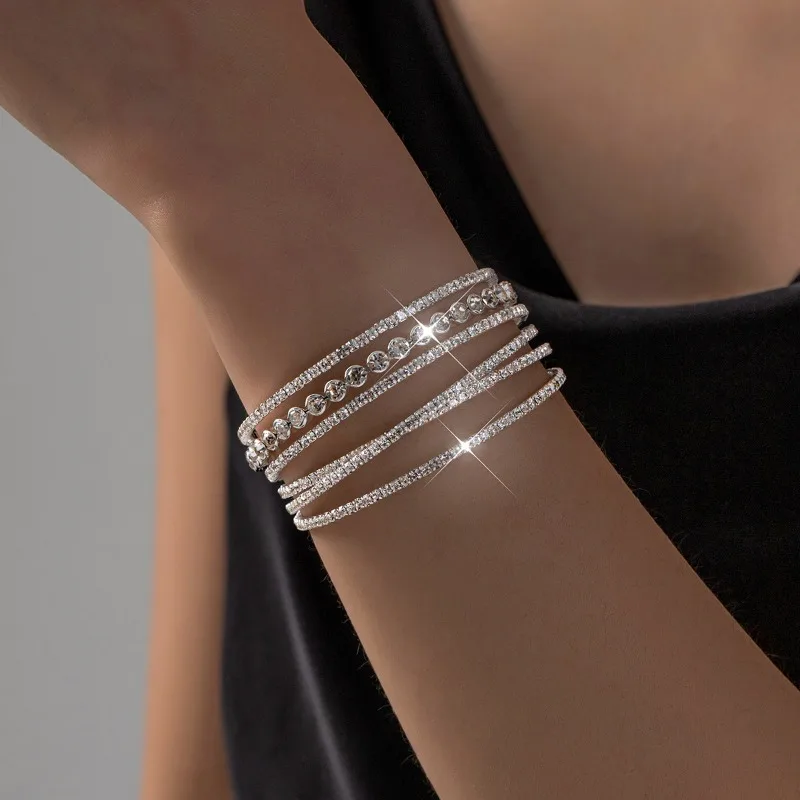 

Korean Fashion Full Crystal Bangle Silver Color Bracelet Bridal Zircon Bracelets for Women Wedding Jewelry 2025 Trending Bangles