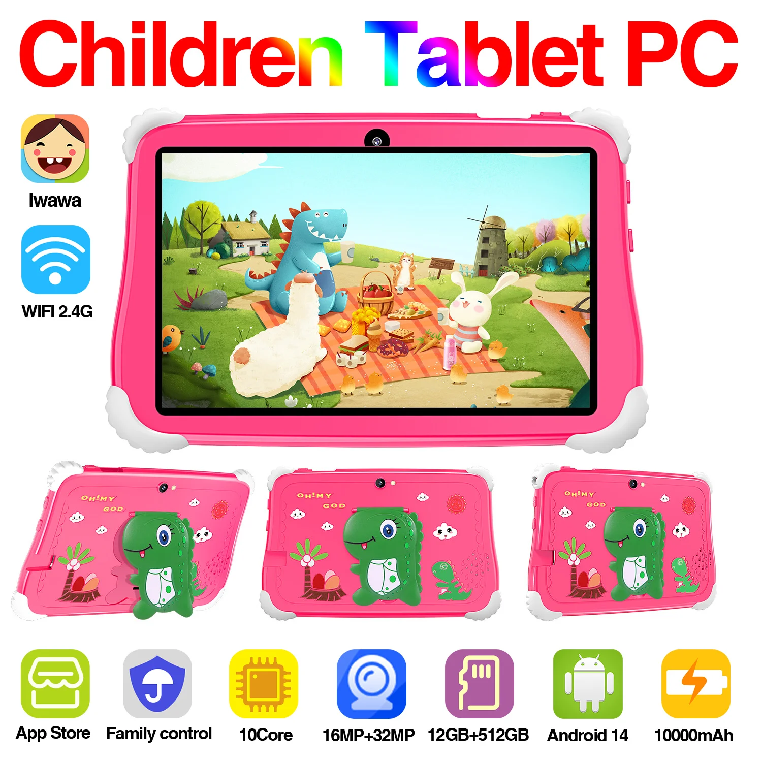 

2024 Kids Tablet 7-inch Android Toddler Tablet WiFi Shockproof Dinosaur Protective Case Kids Tablet PC Puzzle Enlightenment Toys