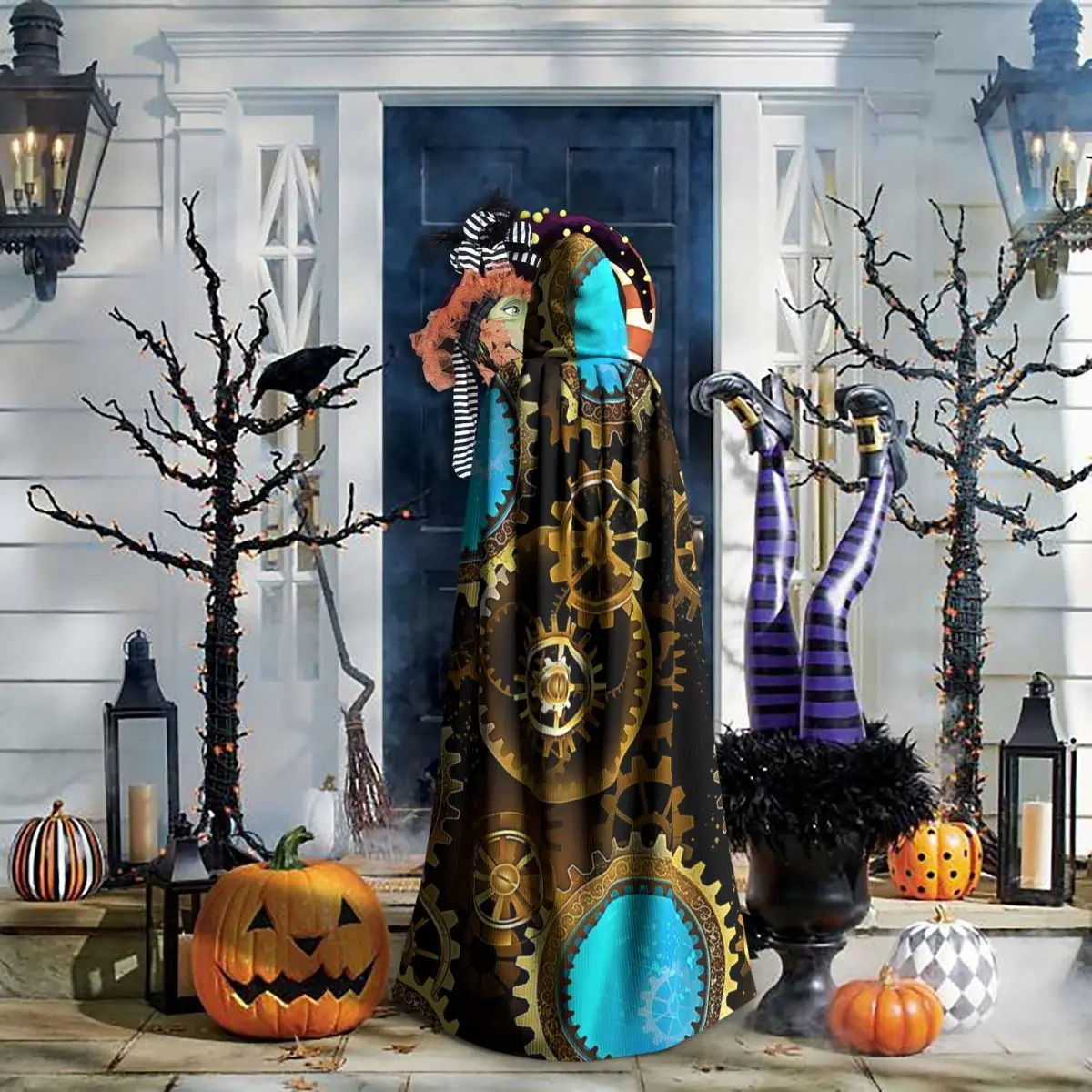 آلة ميكانيكية التروس Steampunk نمط طويل مقنع عباءة ساحرة القرون الوسطى زي تأثيري كيب هالوين معطف الكبار للجنسين