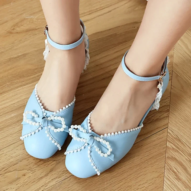 

Женские туфли Лолиты на низком каблуке, 2024, роскошные свадебные туфли с хрустальным ремешком и милым бантом, белые, розовые, черные, для девочек, большой размер 45