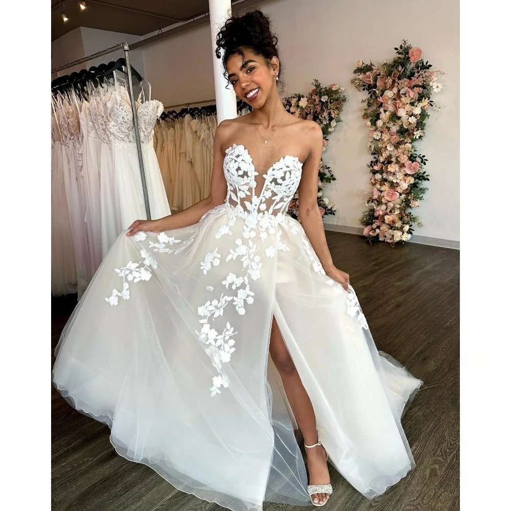 Gabriellar Classic Wedding Dress For Bride Deep V Neck Sleeveless High Side Slit Lace Appliques A Line Robe De Mariee Customised
