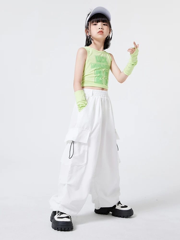 2024 Zomer Hiphop Meisjes Kleding Groen Vest Witte Cargobroek Kids Streetdance Practice Wear Modern Jazz Dance Kostuum Bl13317