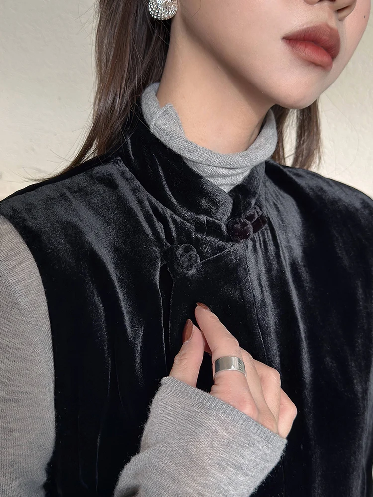 

Осенне-зимний женский жилет из шелкового бархата с пуговицами в китайском стиле, традиционная вышивка, модная верхняя одежда