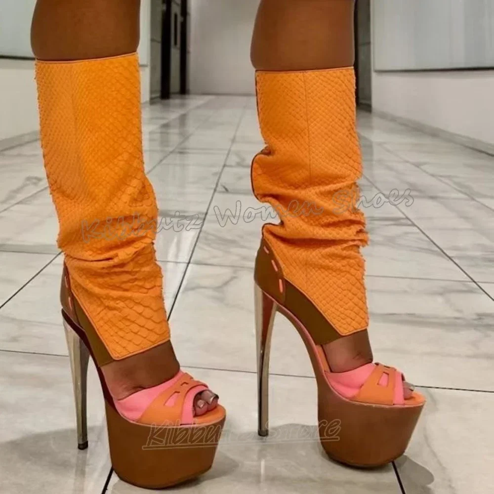 Sandal Boots Knee High Platform Patchwork Leather Round Toe Thin High Heels Fashion Novelty Concise Sexy Pub Girls Shoes Newest image 3
