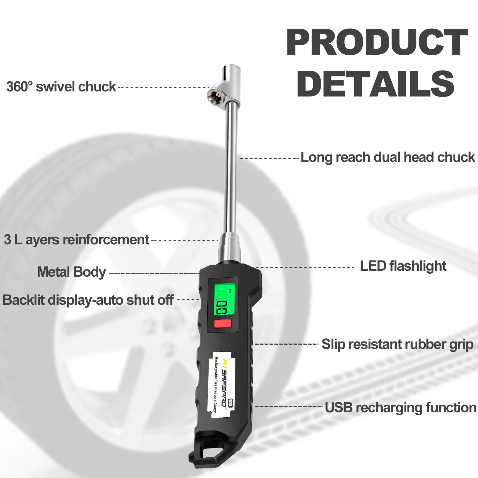 Digital Tire Pressure Gauge 150 PSI ATsafepro Chrome Plated Steel Dual Head Tire Pressure Gauge Rechargeable Tire Pressure Gauge