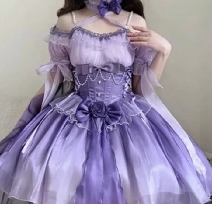 الحلو لطيف الأرجواني طويل زائدة فستان جنية سليم صالح قصيرة لوليتا الرسن فستان الزفاف للنساء الصيف زهرة فستان الزفاف #5