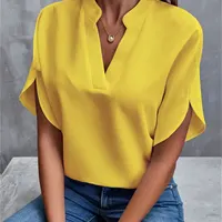 Chemisier élégant uni à col en V pour femme, chemise décontractée à manches courtes, haut ample d'été, chemisier en mousseline Harajuku pour le bureau, nouvelle collection 2026 2