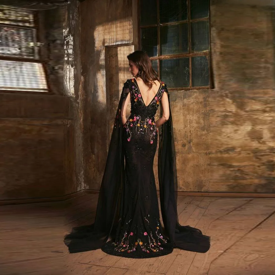 사우디 아라비아 무성한 소매 구슬 공식 가운 아플리케 댄스 파티 드레스 인어 수제 3D 꽃 두바이 파티 드레스