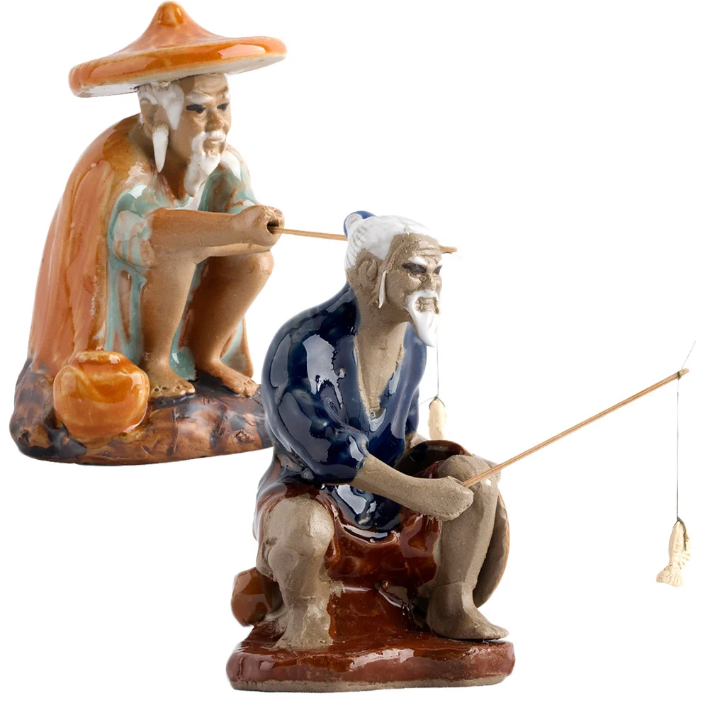 

2Pcs Delicate Fisherman Statue Decor Premium Ceramic Material Long-Lasting Waterproof for Bonsai Aquarium Rockery Desktop
