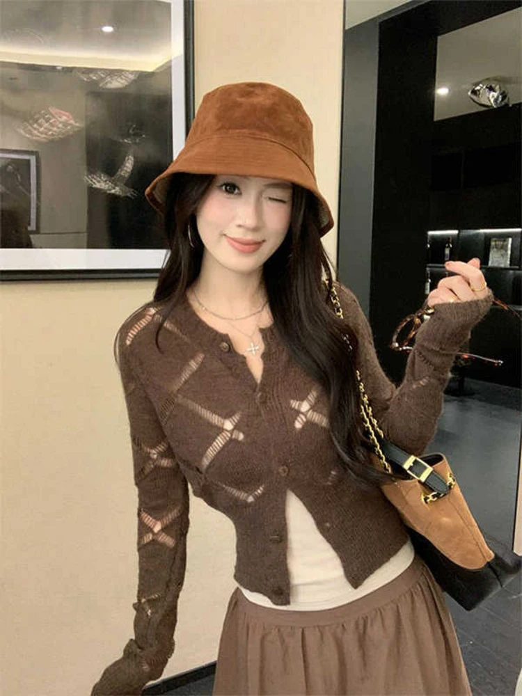

Retro Style Long Sleeve Knitted Open Cardigan Slim Fit Hollow out Design Casual round Neck Spring Fashion Women's Top