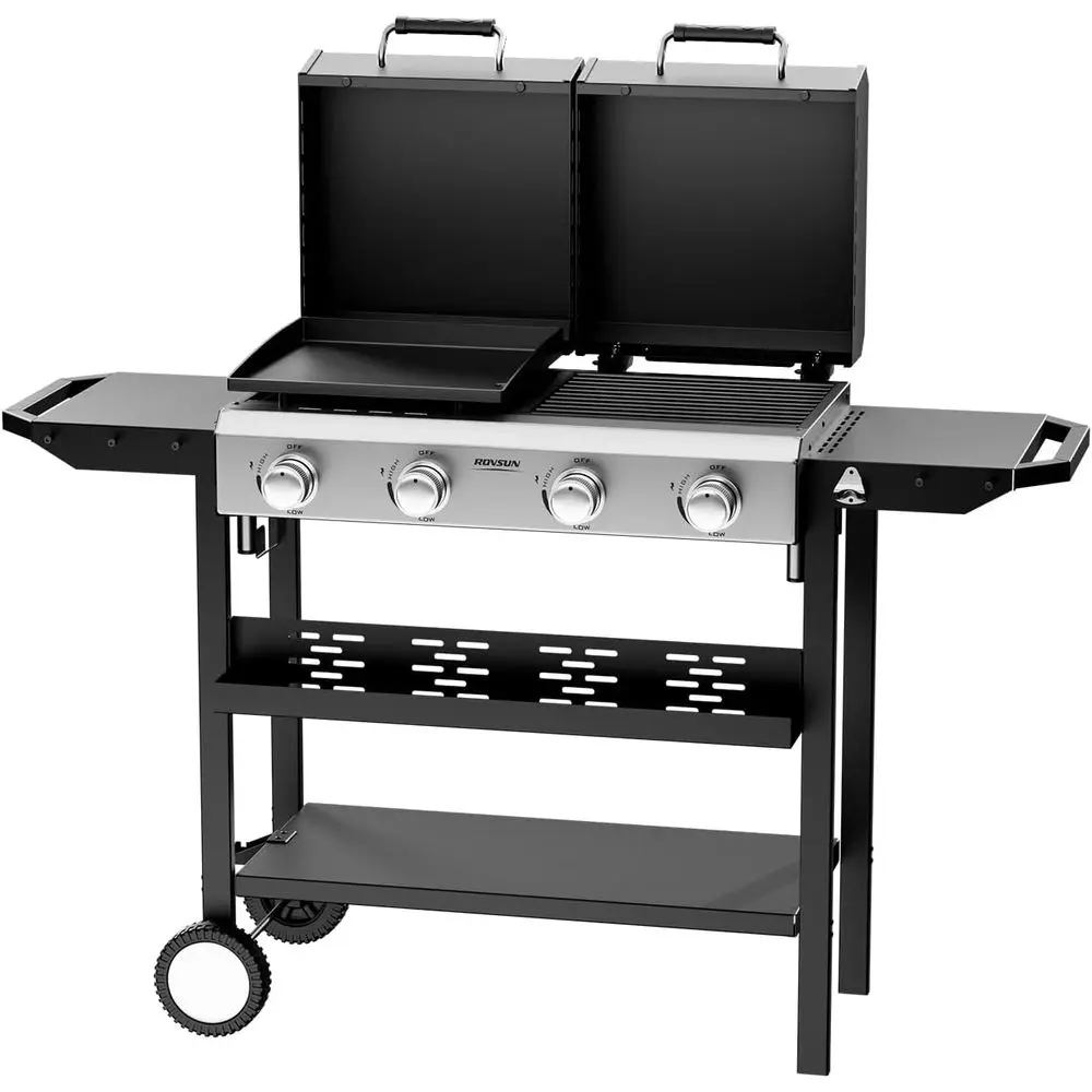 

Газовый гриль-комбо на 4 конфорки мощностью 40 000 BTU с крышкой, боковыми полками и встроенным поджигом для кемпинга на открытом воздухе