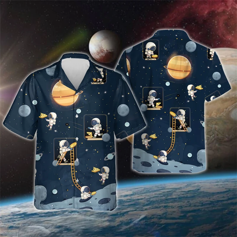 Cartoon  Astronaut 3D Print Shirts For Men Clothes Hawaiian Beach Shirt Funny Cosmonaut Short Sleeve Boy Blouses Kids Lapel Tops