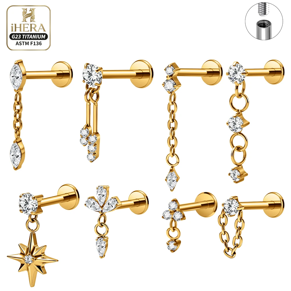 G23 Titan Lange Ketten-Ohrhänger, Piercing, Flatback Bling Kubisches Zirkonia, Blumen-Stern-Knorpel-Lippen- und Nasenstecker, Großpackung