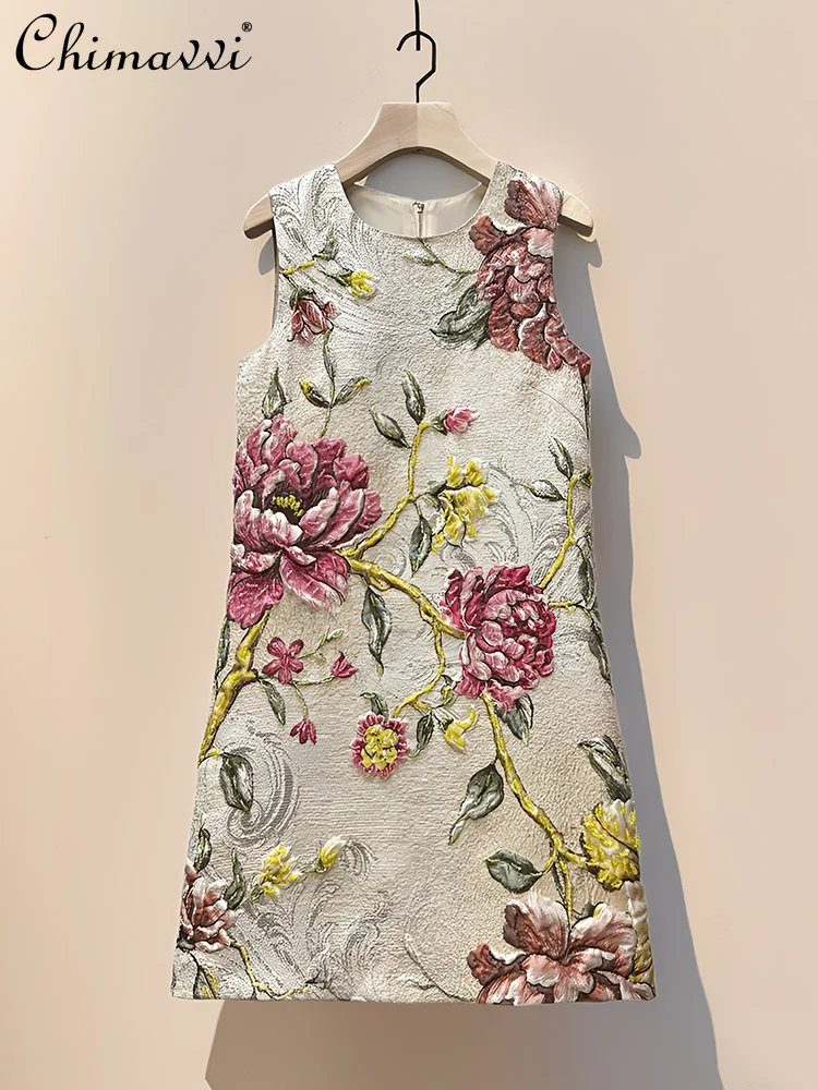 

French Elegant Diamond 3D Embossed Luxury Dresses Round Neck Sleeveless High Waist A-line Fashion Socialite Short Dress Women