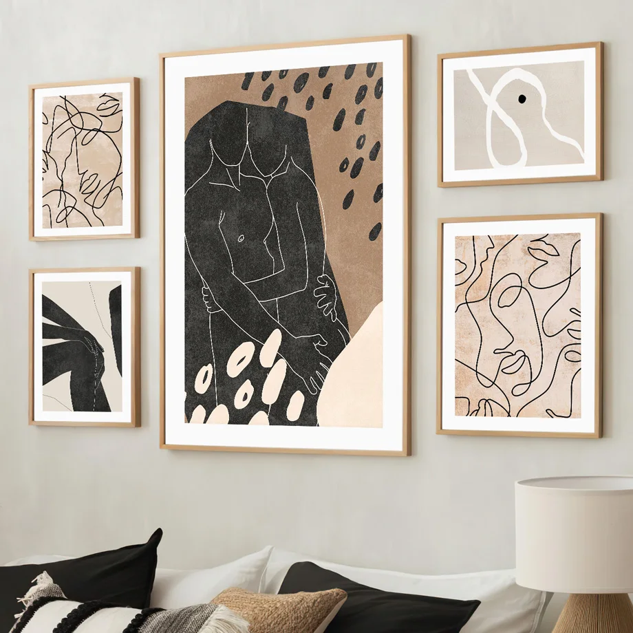 Abstract Wall Art Black Beige Line Canvas Prints Minimalist Nordic Posters Boho Figure Silhouette Artwork Home Decor Living Room