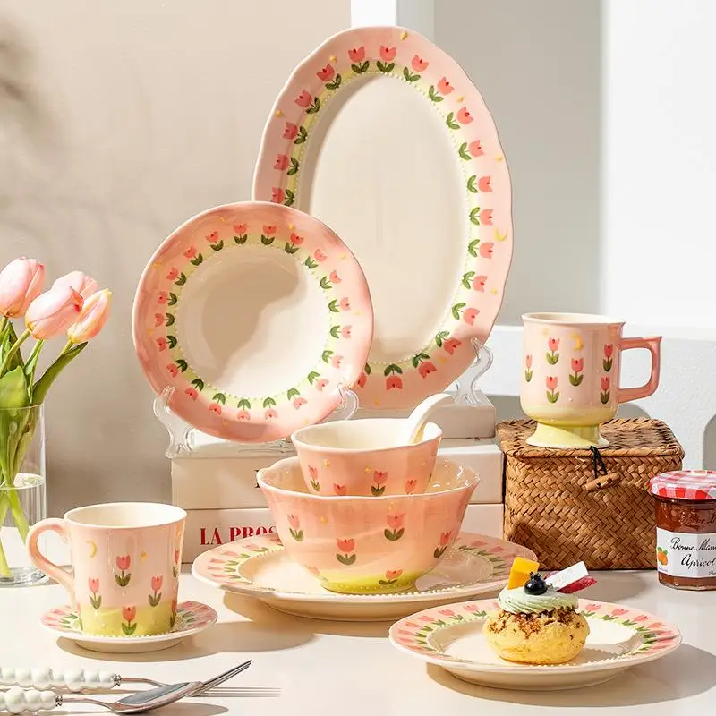 

Fresh tableware, tulip underglaze color, ceramic bowl set, home tableware, particularly beautiful rice bowls, plates, cups