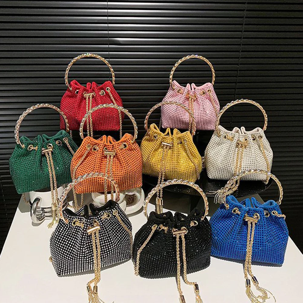 

Candy Color Diamonds Bucket Bag Round Handle Handbags Drawstring Shoulder Crossbody Bags for Women 2023 Rhinestone Evening Bag