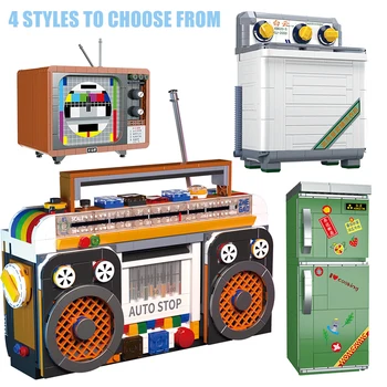 Miejski Mini Retro sprzęt agd Model klocki telewizyjne lodówka Radio MOC klocki zabawkowe prezent urodzinowy dla dzieci