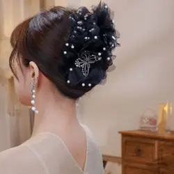 Women 2024 New Mesh Pearl Flower Hair Clip Shark Hair Claw Ladies Girls Temperament Fashion Black Headwear Female Accessories