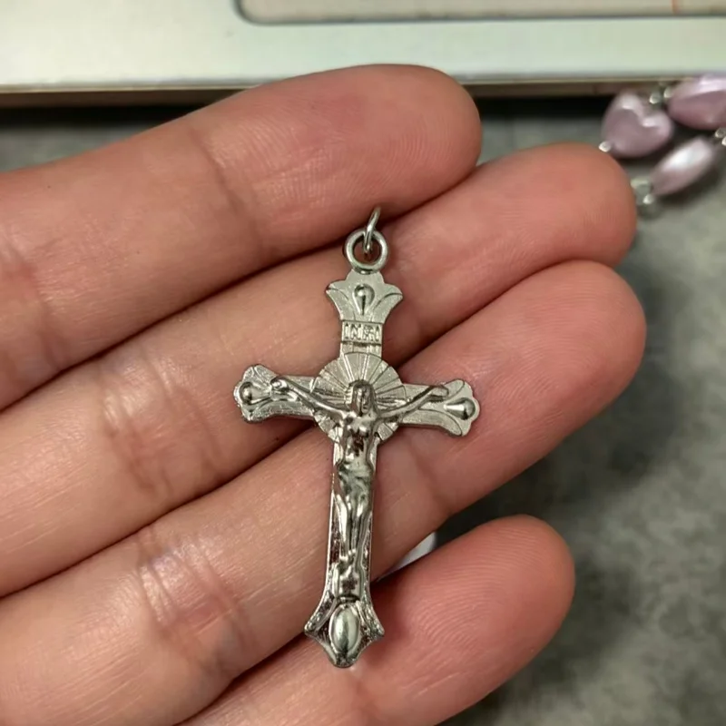5pcs ChristianChristian Rosary Beads Necklace For Women Cross INRI Virgin Mary Pendant Pink Heart Chain Female Religion Prayer P